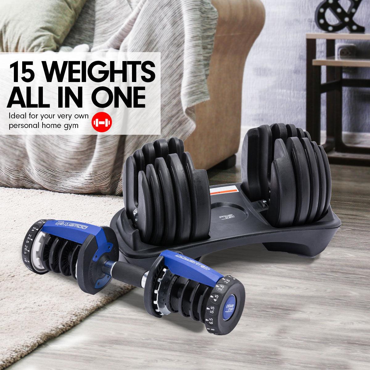 Buy Powertrain 48KG Adjustable Dumbbell Set With Stand Blue discounted | Products On Sale Australia