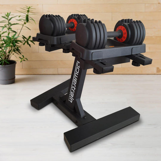 Buy Powertrain GEN2 Pro Adjustable Dumbbell Set - 2 x 25kg (50kg) Home Gym Weights with Stand discounted | Products On Sale Australia