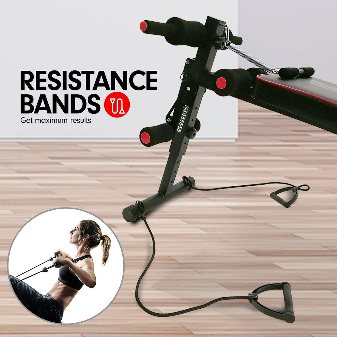 Buy Powertrain Incline Sit-Up Bench with Resistance Bands and Rowing Bar discounted | Products On Sale Australia