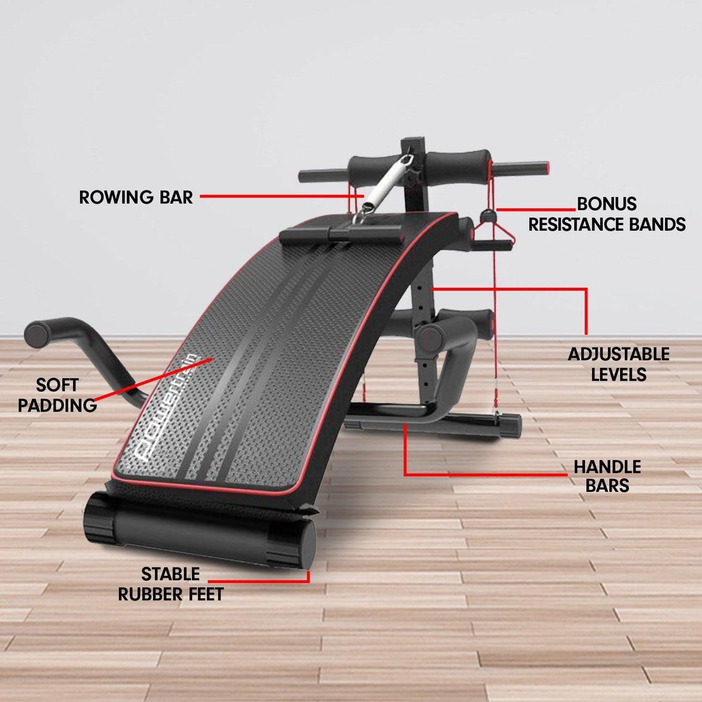 Buy Powertrain Incline Sit-Up Bench with Resistance Bands and Rowing Bar discounted | Products On Sale Australia