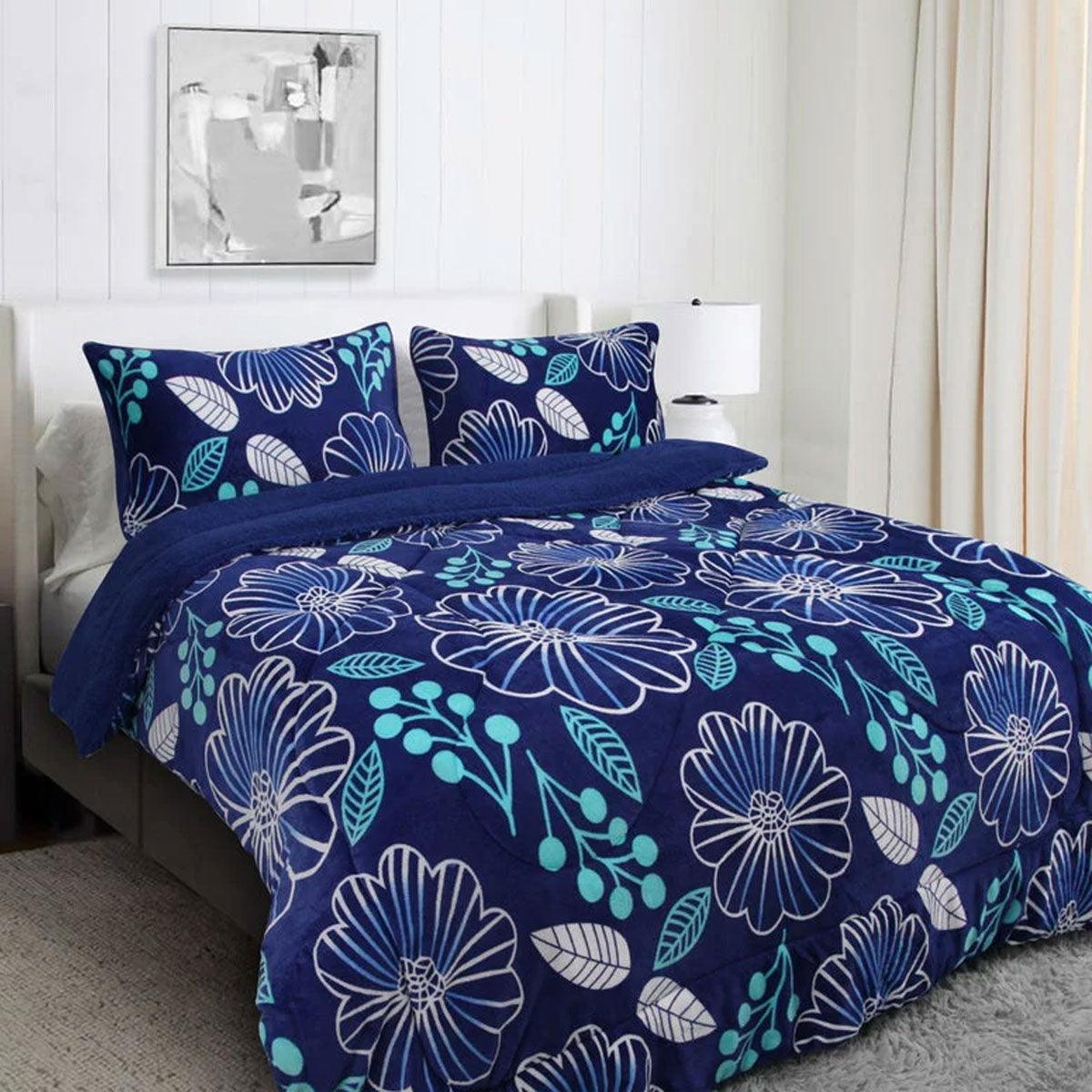 Buy Ramesses Blue Flower Printed Sherpa Flannel Fleece Reversible Blanket Set Queen/King discounted | Products On Sale Australia