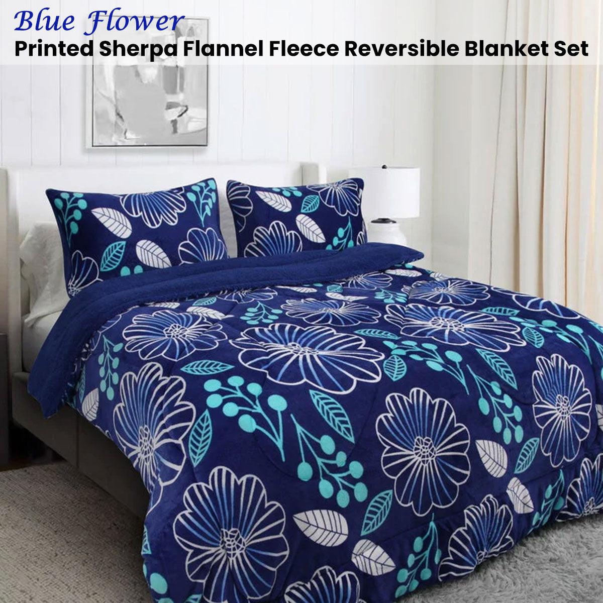 Buy Ramesses Blue Flower Printed Sherpa Flannel Fleece Reversible Blanket Set Queen/King discounted | Products On Sale Australia