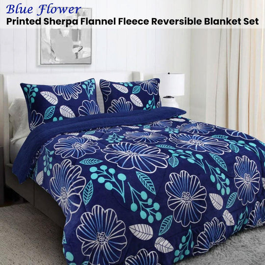 Buy Ramesses Blue Flower Printed Sherpa Flannel Fleece Reversible Blanket Set Queen/King discounted | Products On Sale Australia