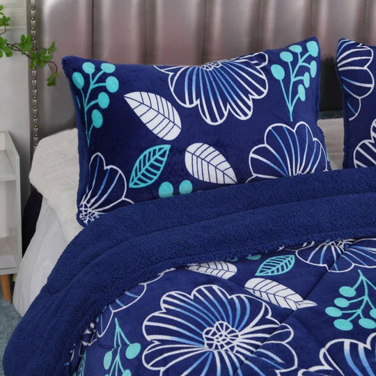 Buy Ramesses Blue Flower Printed Sherpa Flannel Fleece Reversible Blanket Set Queen/King discounted | Products On Sale Australia