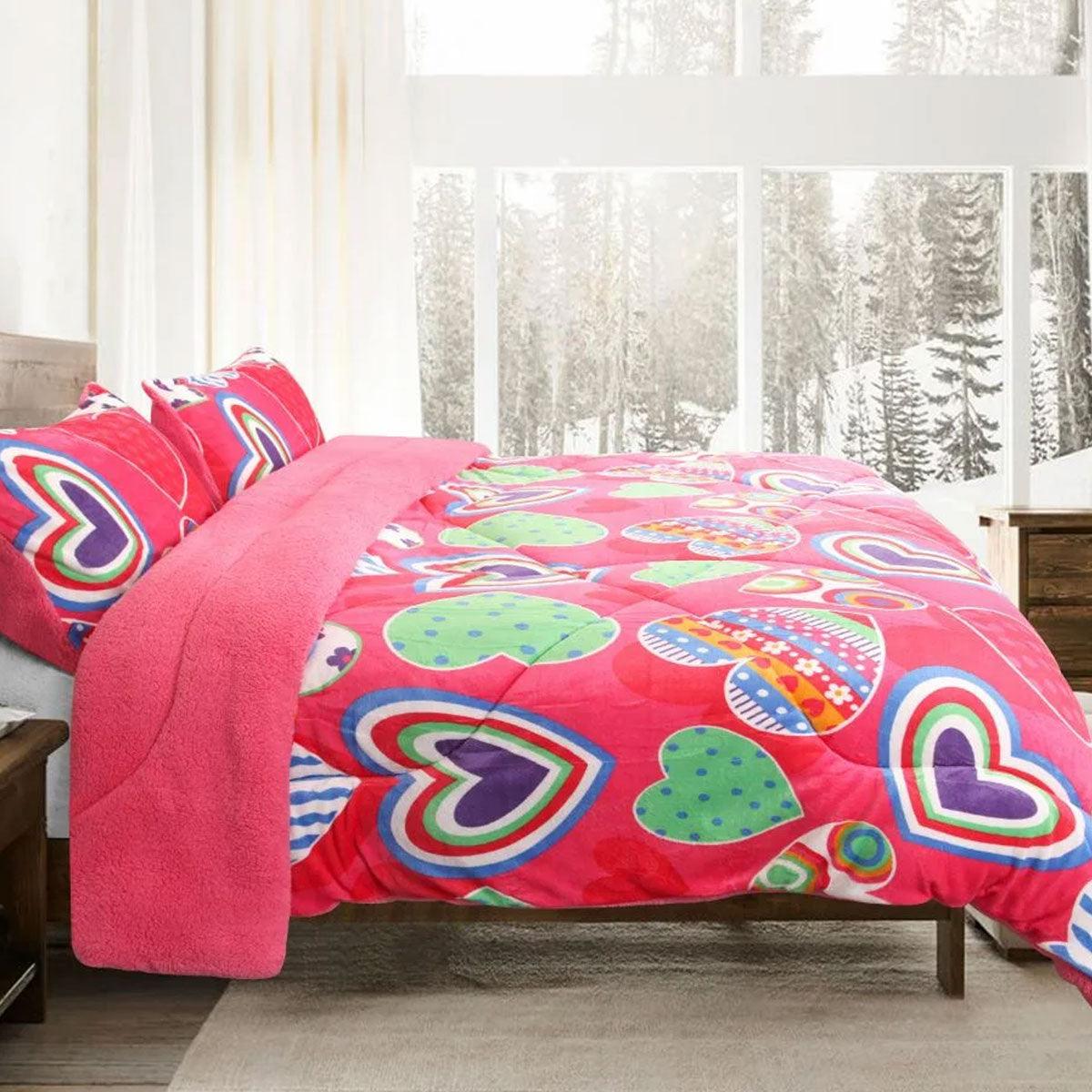 Buy Ramesses Pink Heart Printed Sherpa Flannel Fleece Reversible Blanket Set Queen/King discounted | Products On Sale Australia