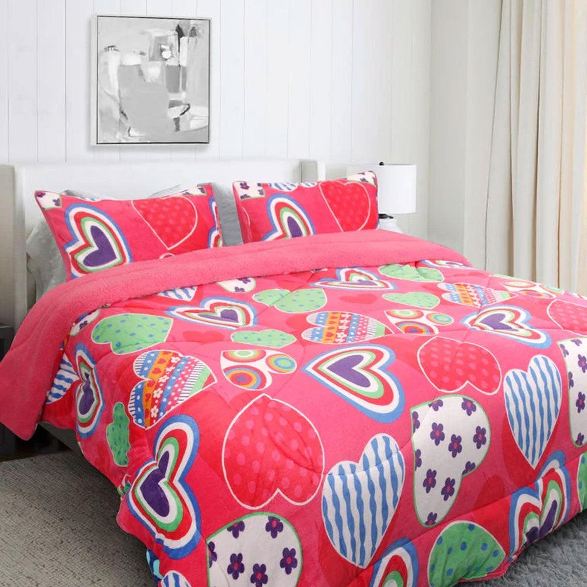 Buy Ramesses Pink Heart Printed Sherpa Flannel Fleece Reversible Blanket Set Single/Double discounted | Products On Sale Australia