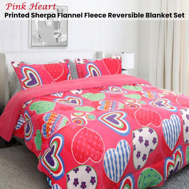 Buy Ramesses Pink Heart Printed Sherpa Flannel Fleece Reversible Blanket Set Single/Double discounted | Products On Sale Australia