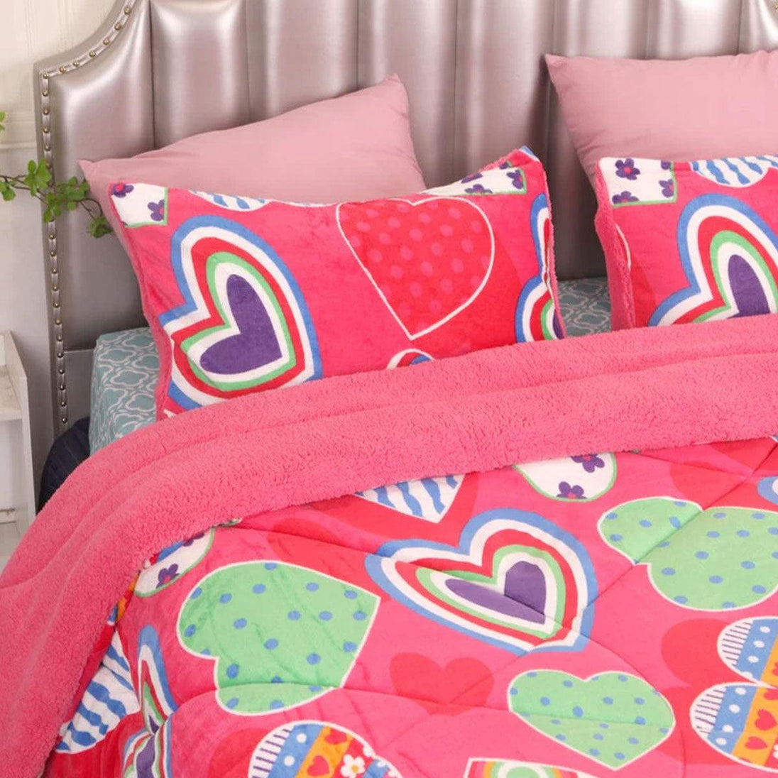 Buy Ramesses Pink Heart Printed Sherpa Flannel Fleece Reversible Blanket Set Single/Double discounted | Products On Sale Australia