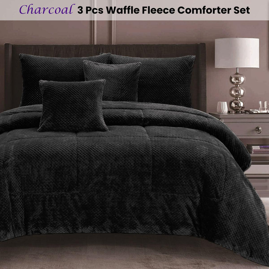 Buy Ramesses Waffle Fleece Charcoal 3 Pcs Comforter Set Queen discounted | Products On Sale Australia