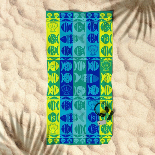 Buy Rans Premium Cotton Jacquard Beach Towel Fish & Shell Blue discounted | Products On Sale Australia