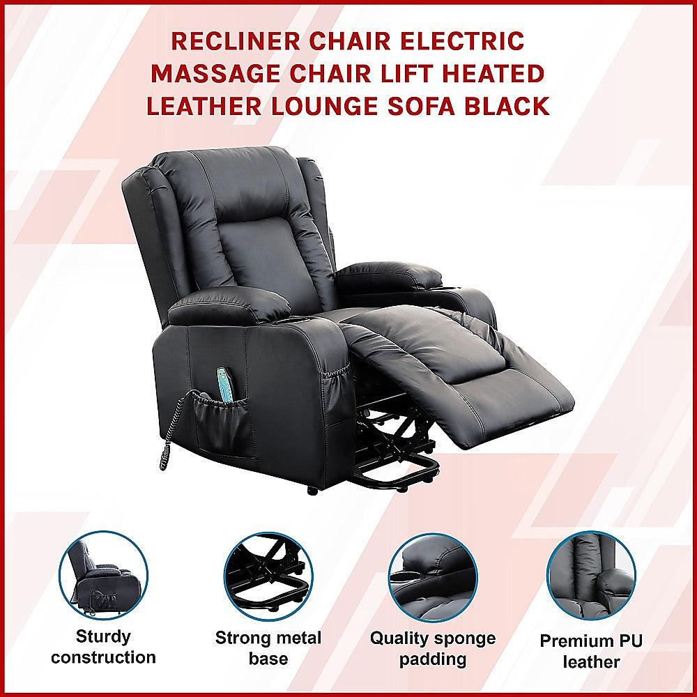 Buy Recliner Chair Electric Massage Chair Lift Heated Leather Lounge Sofa Black discounted | Products On Sale Australia