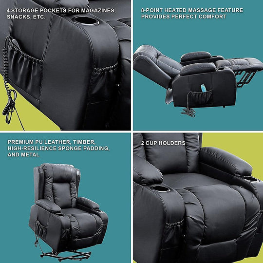 Buy Recliner Chair Electric Massage Chair Lift Heated Leather Lounge Sofa Black discounted | Products On Sale Australia