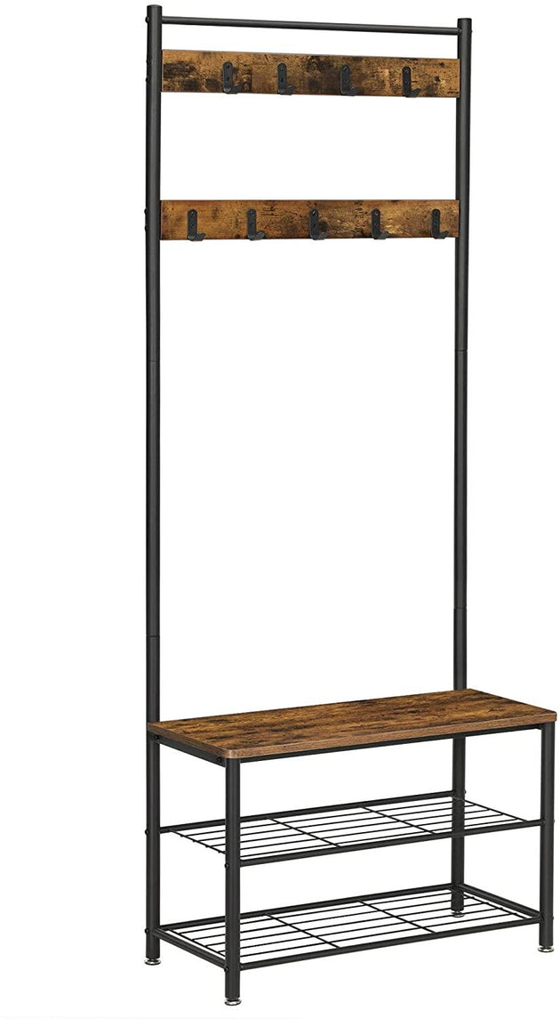 Rustic Brown Coat Rack Stand with Hallway Shoe Rack and Bench with Shelves Matte Metal Frame Height 175 cm Products On Sale Australia | Furniture > Living Room Category