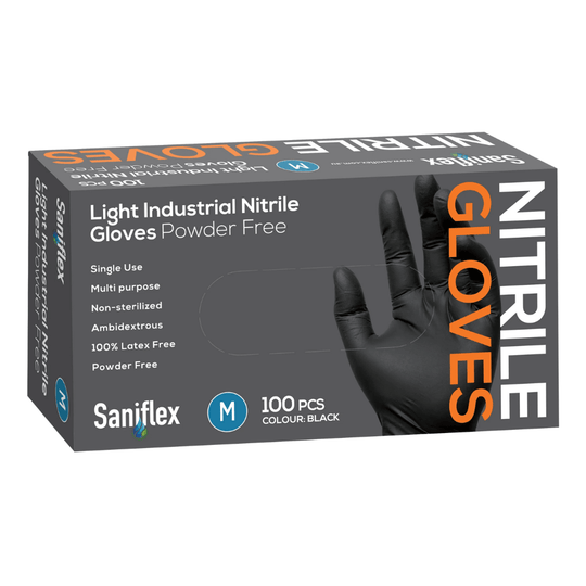 Buy Saniflex Light Industrial Black Nitrile Gloves 100 Pack - Medium discounted | Products On Sale Australia