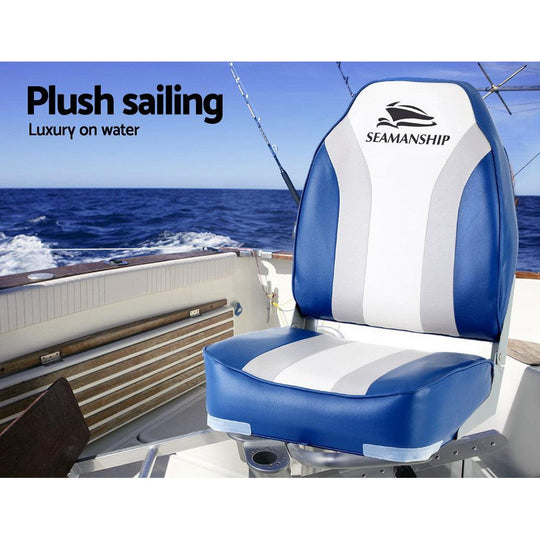 Buy Seamanship 2X Folding Boat Seats Marine Seat Swivel High Back 12cm Padding Blue discounted | Products On Sale Australia