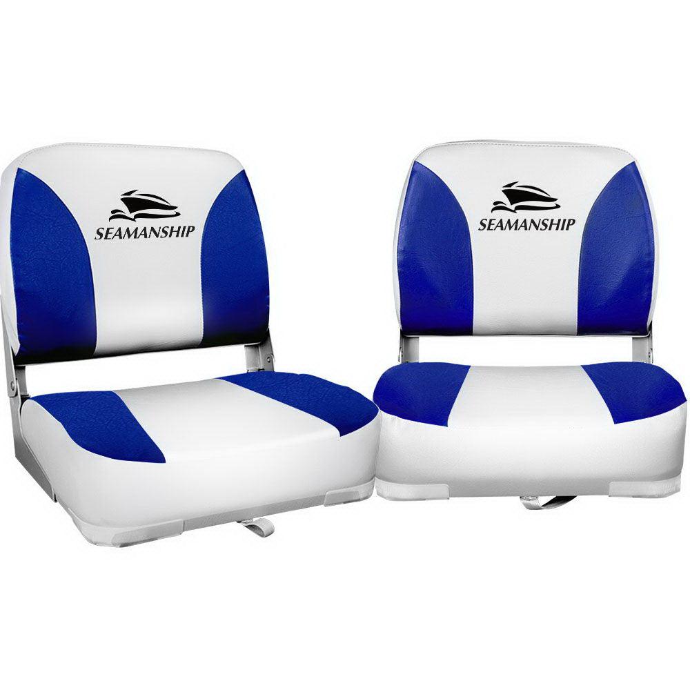 Buy Seamanship 2X Folding Boat Seats Marine Swivel Low Back 13cm Padding White Blue discounted | Products On Sale Australia