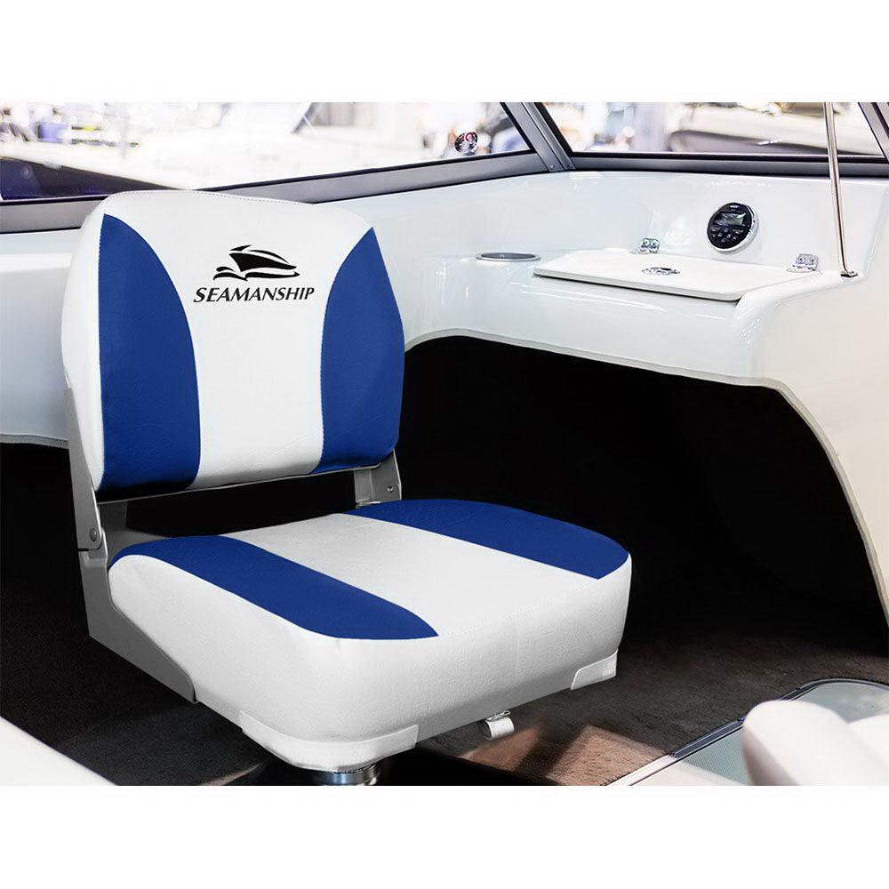 Buy Seamanship 2X Folding Boat Seats Marine Swivel Low Back 13cm Padding White Blue discounted | Products On Sale Australia