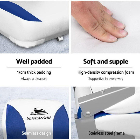 Buy Seamanship 2X Folding Boat Seats Marine Swivel Low Back 13cm Padding White Blue discounted | Products On Sale Australia