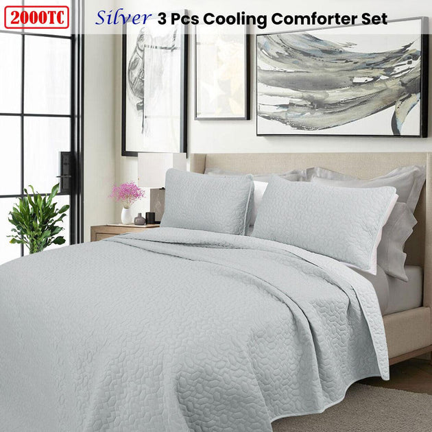 Buy Shangri La 2000TC Silver Cooling Embroidered 3 Pcs Comforter Set King discounted | Products On Sale Australia