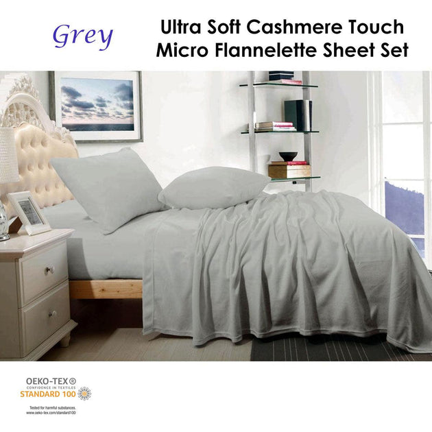 Buy Shangri La Cashmere Touch Micro Flannelette Sheet Set Grey Queen discounted | Products On Sale Australia