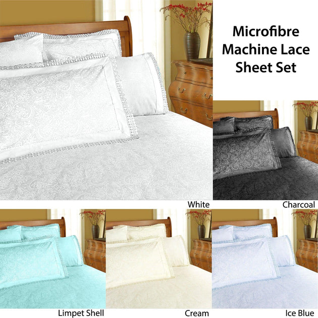Buy Shangri La Microfibre Machine Lace Sheet Set Cream Queen discounted | Products On Sale Australia