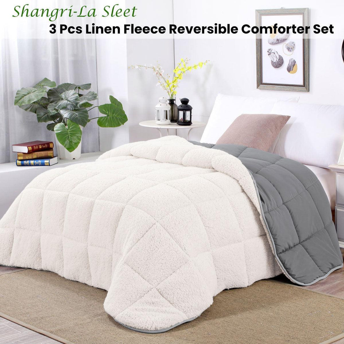 Buy Shangri La Sleet Sherpa Fleece Reversible 3 Pcs Comforter Set Queen discounted | Products On Sale Australia