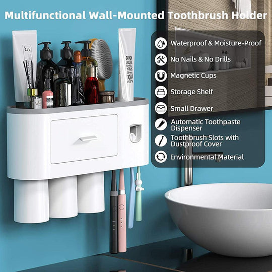 Buy Toothbrush Holders with 3-4 Cups Automatic Toothpaste Dispenser Kit(4 Cups 2 Drawer) discounted | Products On Sale Australia