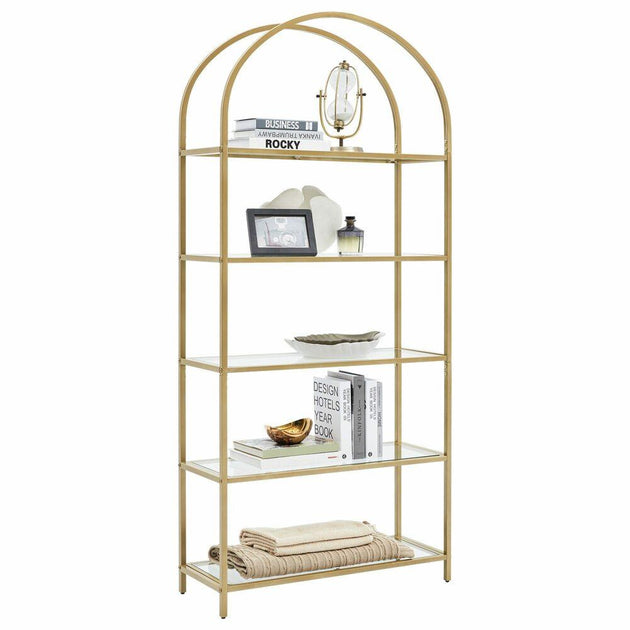 VASAGLE Bookshelf 5 Tier Tempered Glass with Gold Metal Frame LGT050A01 Products On Sale Australia | Furniture > Living Room Category
