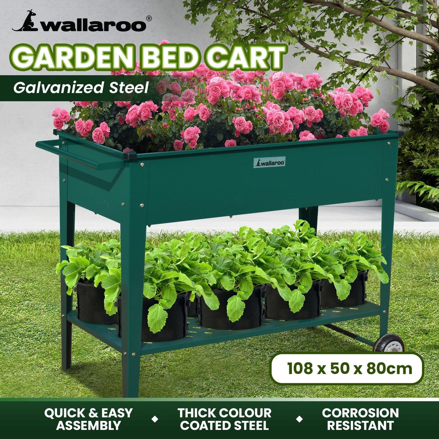 Buy Wallaroo Garden Bed Cart Raised Planter Box 108.5 x 50.5 x 80cm Galvanized Steel - Green discounted | Products On Sale Australia