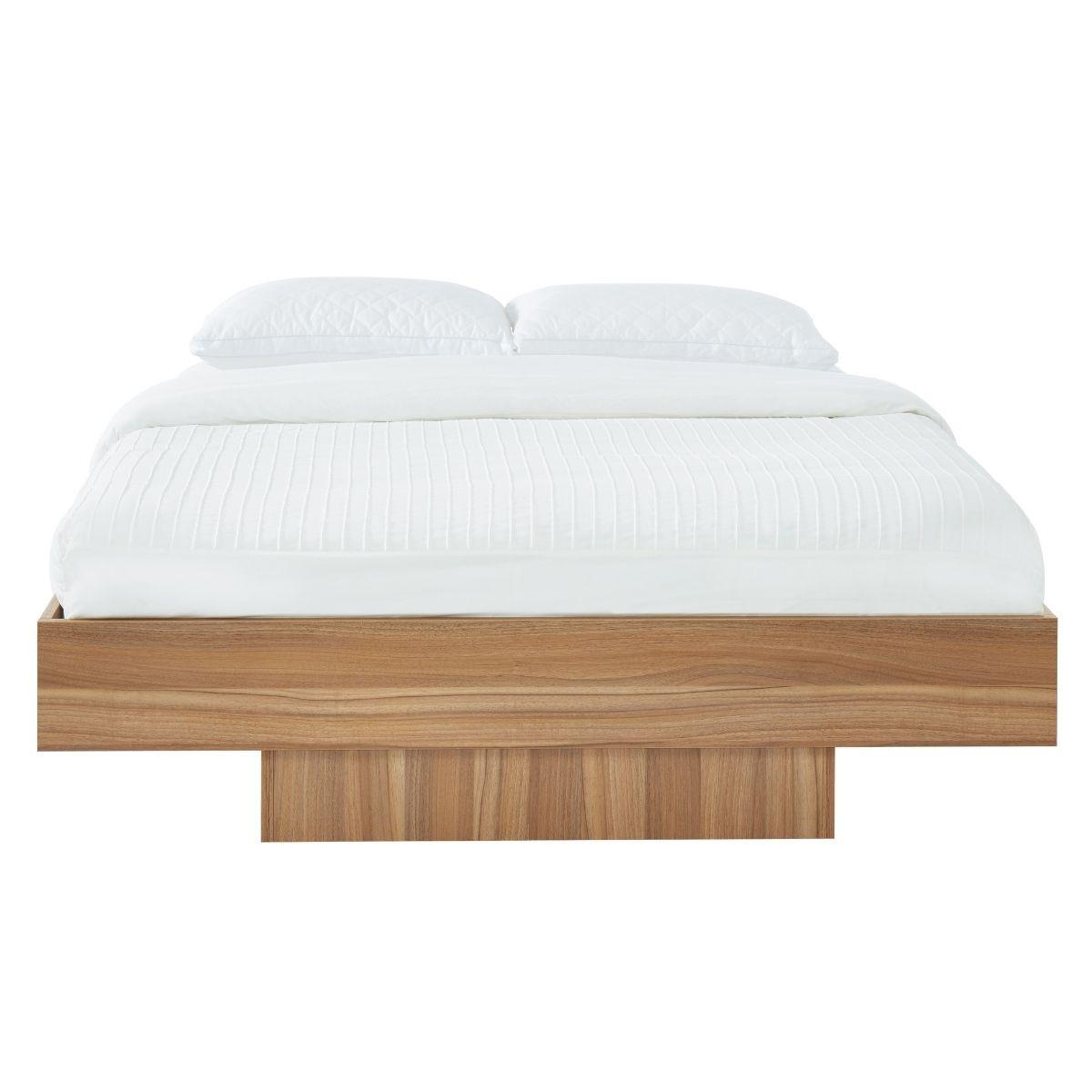 Buy Walnut Oak Wood Floating Bed Base Queen discounted | Products On Sale Australia