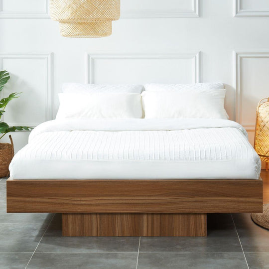 Buy Walnut Oak Wood Floating Bed Base Queen discounted | Products On Sale Australia