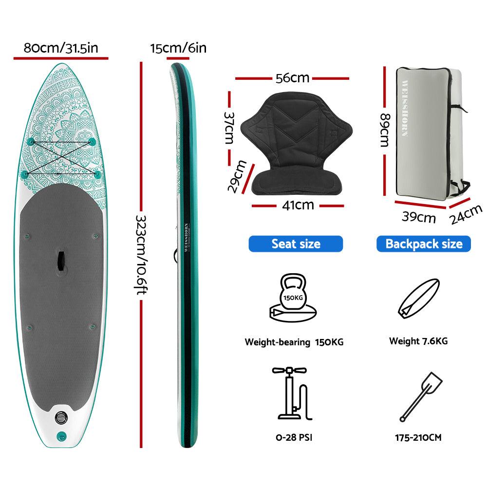 Buy Weisshorn Stand Up Paddle Board 10.6ft Inflatable SUP Surfboard Paddleboard Kayak Surf Green discounted | Products On Sale Australia