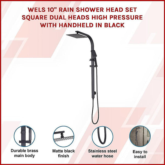 Buy WELS 10" Rain Shower Head Set Square Dual Heads High Pressure with Handheld in Black discounted | Products On Sale Australia