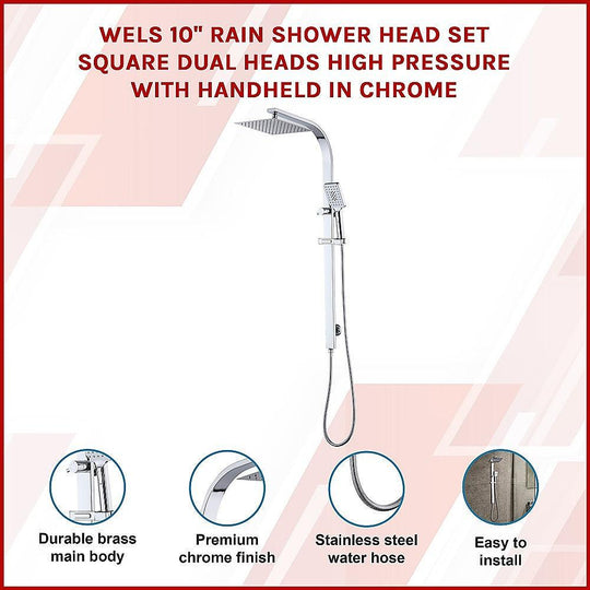 Buy WELS 10" Rain Shower Head Set Square Dual Heads High Pressure with Handheld in Chrome discounted | Products On Sale Australia