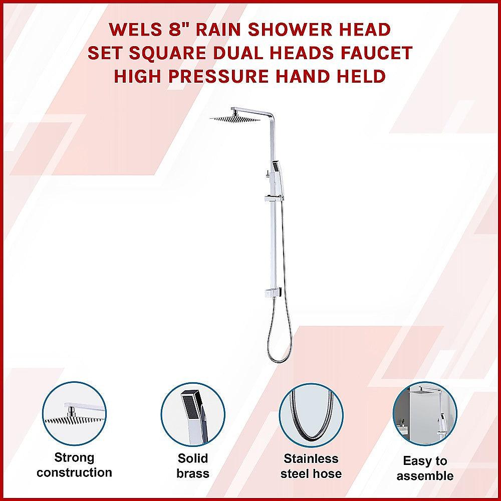 Buy WELS 8" Rain Shower Head Set Square Dual Heads Faucet High Pressure Hand Held discounted | Products On Sale Australia