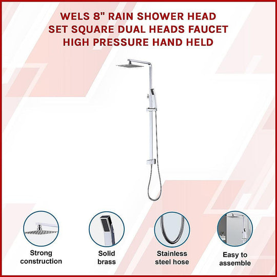 Buy WELS 8" Rain Shower Head Set Square Dual Heads Faucet High Pressure Hand Held discounted | Products On Sale Australia