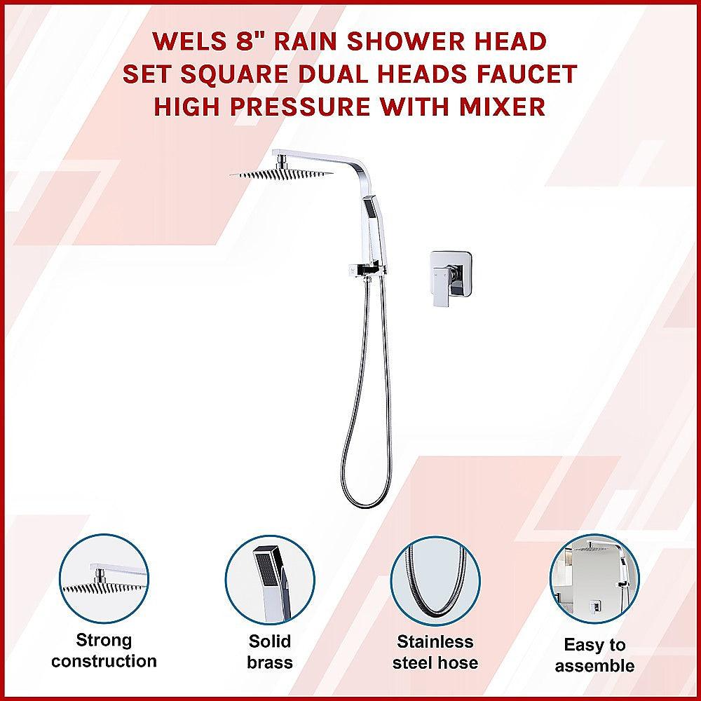 Buy WELS 8" Rain Shower Head Set Square Dual Heads Faucet High Pressure With Mixer discounted | Products On Sale Australia