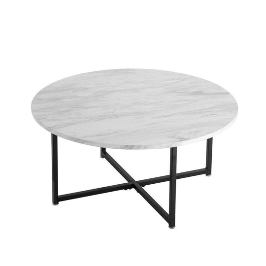 Buy White Marble Effect Round Coffee Table with Black Legs discounted | Products On Sale Australia