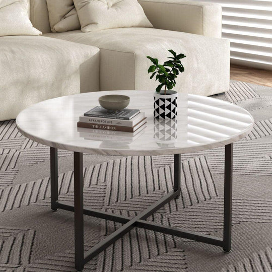 Buy White Marble Effect Round Coffee Table with Black Legs discounted | Products On Sale Australia