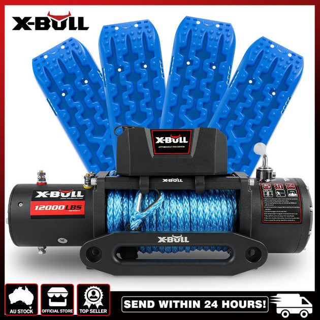 Buy X-BULL 12V Electric Winch 12000LB Synthetic Rope with 4PCS Recovery Tracks Sand Mud Track Gen3.0 Blue discounted | Products On Sale Australia