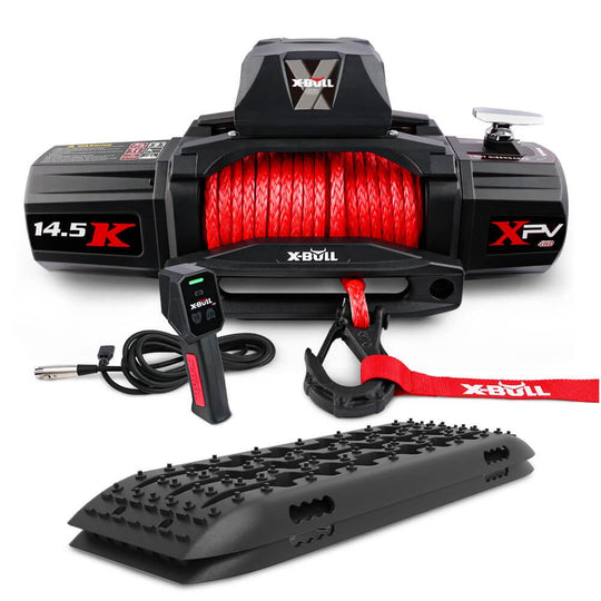 Buy X-BULL 12V Electric Winch 14500LBS synthetic rope with Recovery Tracks Gen2.0 Black discounted | Products On Sale Australia