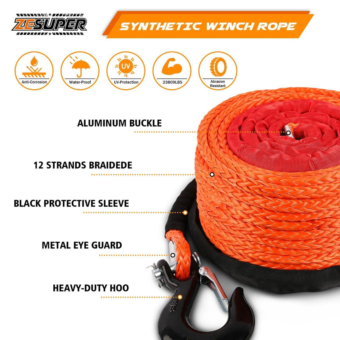 Buy ZESUPER Winch Rope 9.5MM X 30M Dyneema SK75 Hook Synthetic Car Tow Recovery Cable Hook discounted | Products On Sale Australia