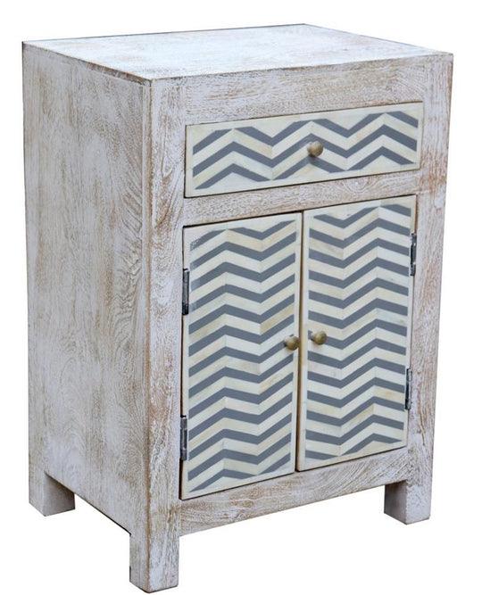 Buy 2 drawer whitewashed bedside cabinet with Grey/White bone chevron design discounted | Products On Sale Australia