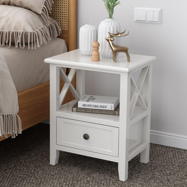 Buy 2-tier Bedside Table with Storage Drawer 2 PC Rustic White discounted | Products On Sale Australia