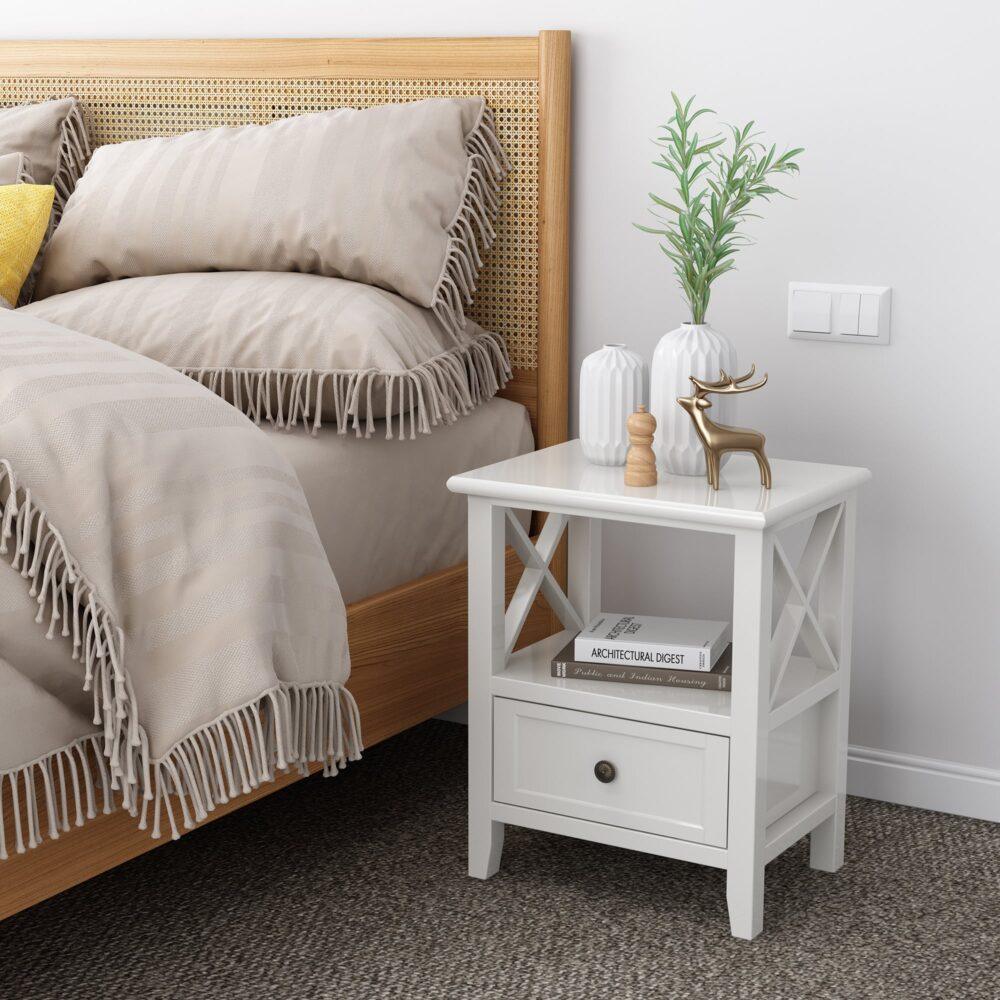 Buy 2-tier Bedside Table with Storage Drawer 2 PC Rustic White discounted | Products On Sale Australia