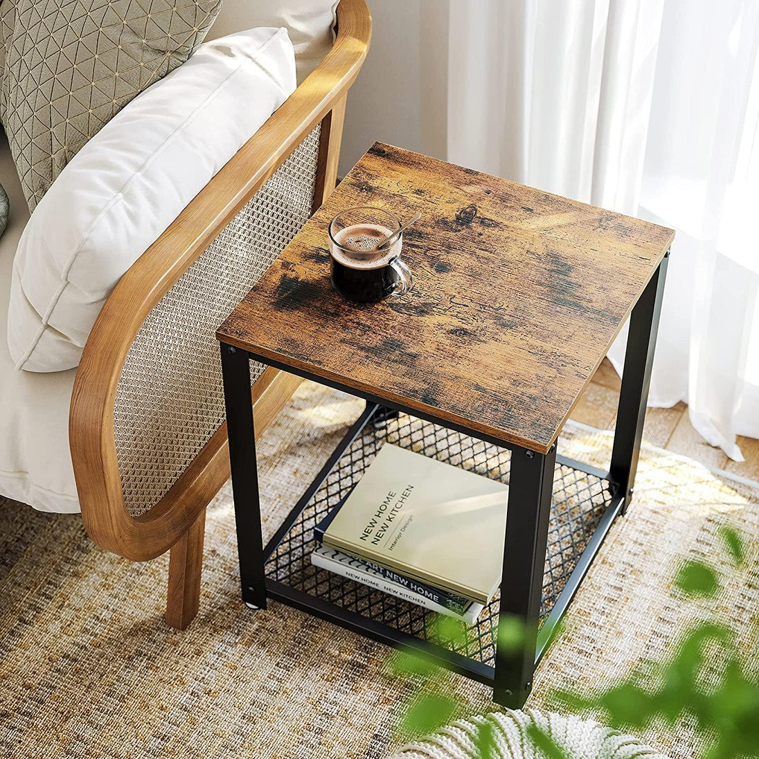 Buy 2-Tier Side Table with Storage Shelf with Metal Frame Rustic Brown discounted | Products On Sale Australia