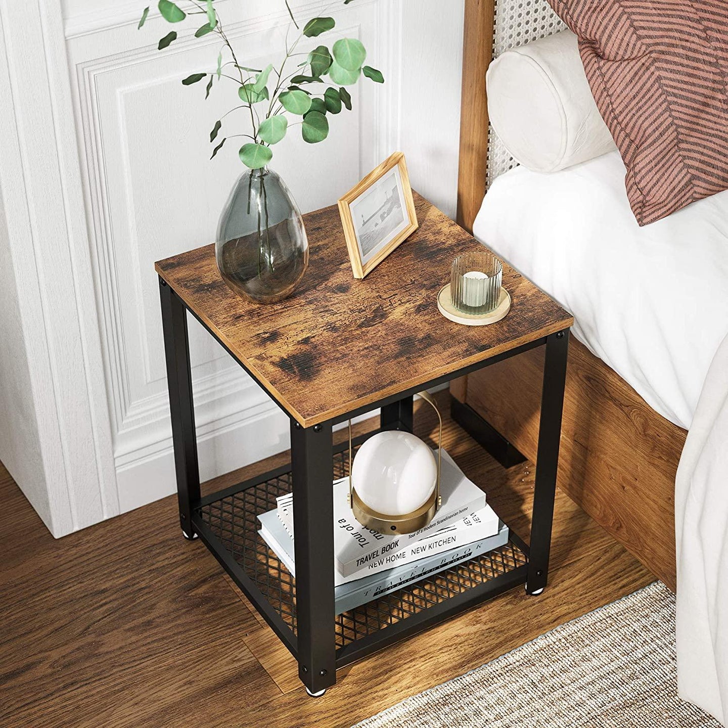 Buy 2-Tier Side Table with Storage Shelf with Metal Frame Rustic Brown discounted | Products On Sale Australia