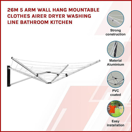 Buy 26m 5 Arm Wall Hang Mountable Clothes Airer Dryer Washing Line Bathroom Kitchen discounted | Products On Sale Australia