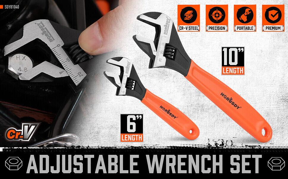 Buy 2x Adjustable Wrench Set 6" 10" Wide Jaw Spanner Cr-V Steel Workshop Metric SAE discounted | Products On Sale Australia