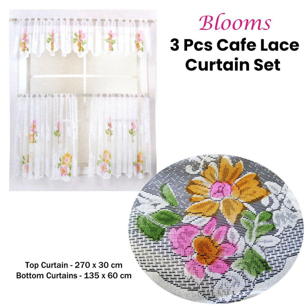 Buy 3 Pce Cafe Blooms Lace Kitchen Curtain Set discounted | Products On Sale Australia